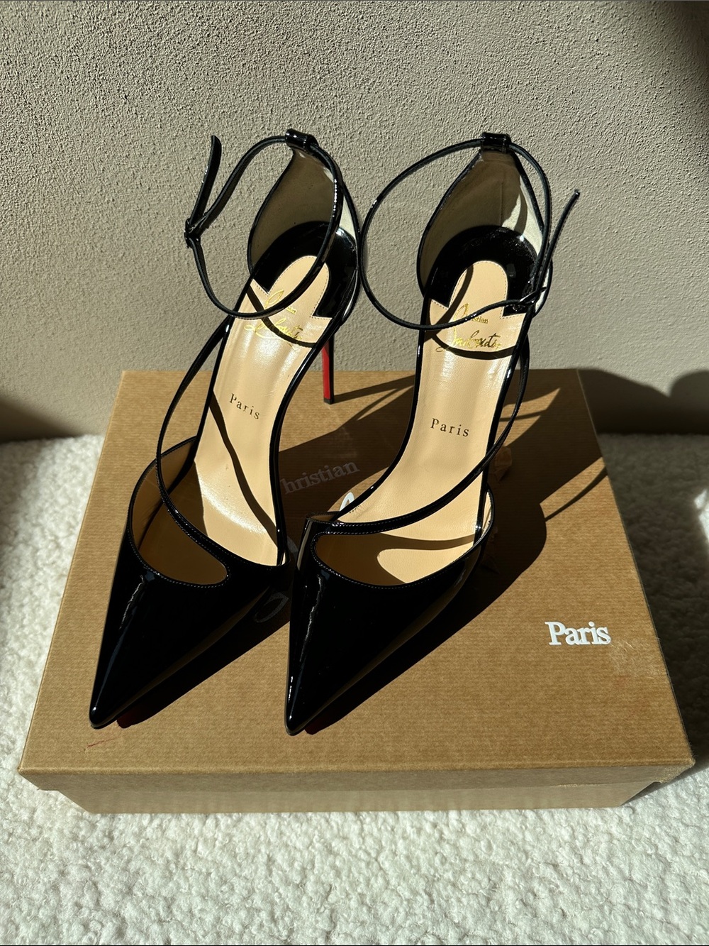 Christian Louboutin Flikketa Black Patent Pointed Ankle-Strap Heels